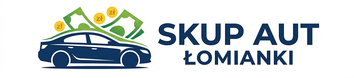 Logo firmy Skup Aut Łomianki - niebieski samochód i gotówka